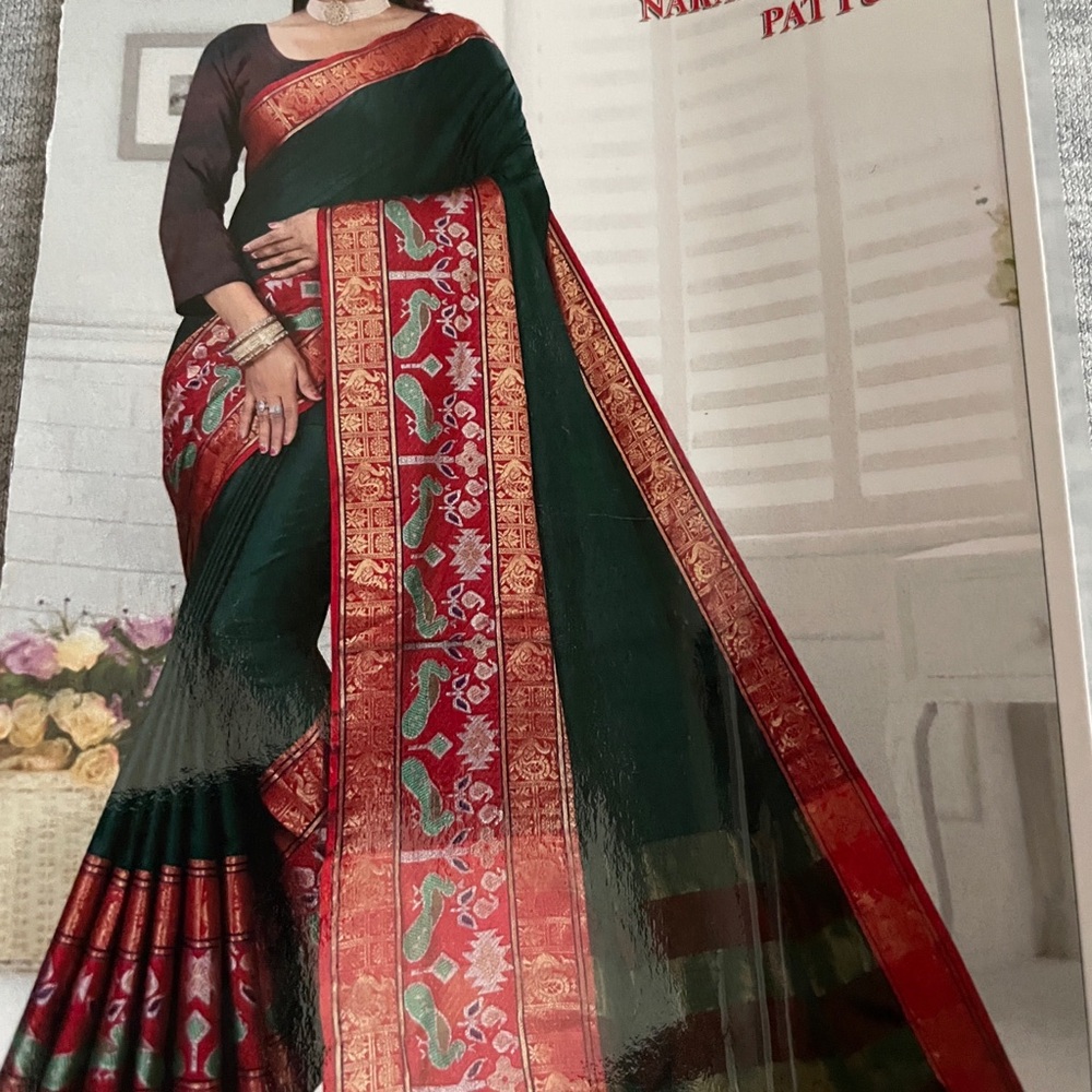 Traditional Green and Red Embroidered Saree - Brand: